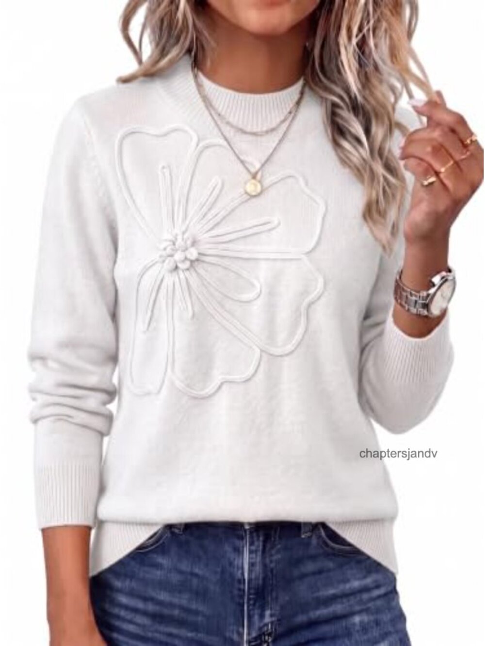 Women's Crew Neck Floral Pullover Sweater Relaxed Fit Long Sleeve Fall Winter